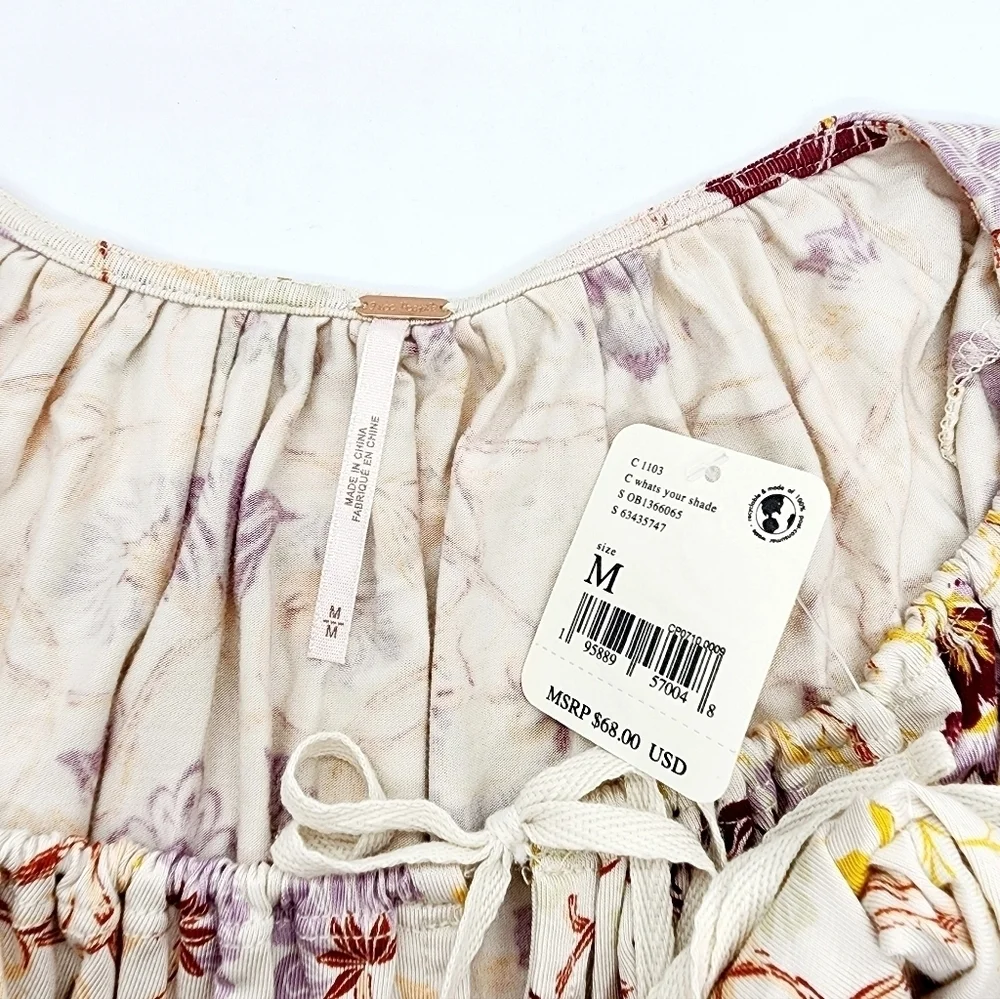 Free People Floral Fitted Scoop Keyhole Tie Neck Long Sleeve Top